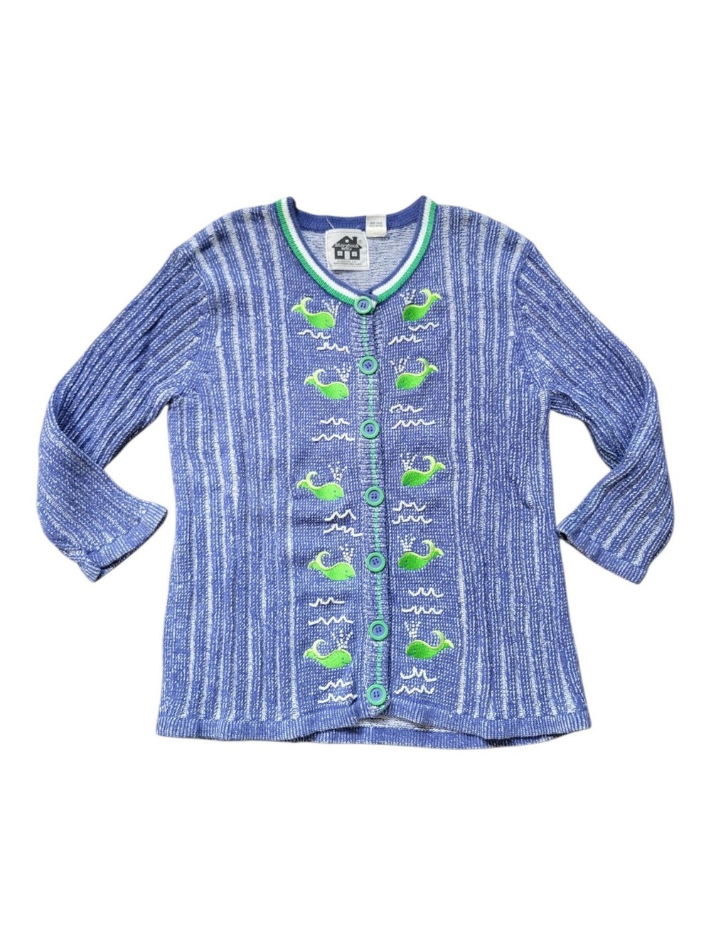 Storybook Knits Blue Whale Cardigan Sweater Button Down Ocean Beaded Nautical MD